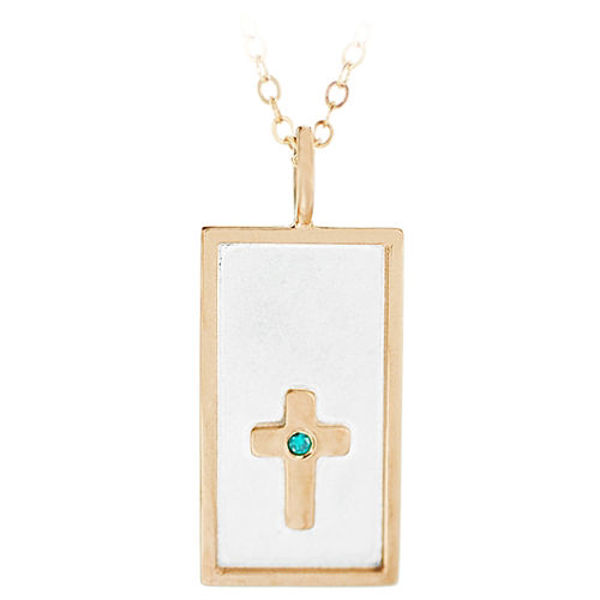 Picture of Sterling Silver and 14K Gold Rimmed Charm with Gold Cross and Diamond
